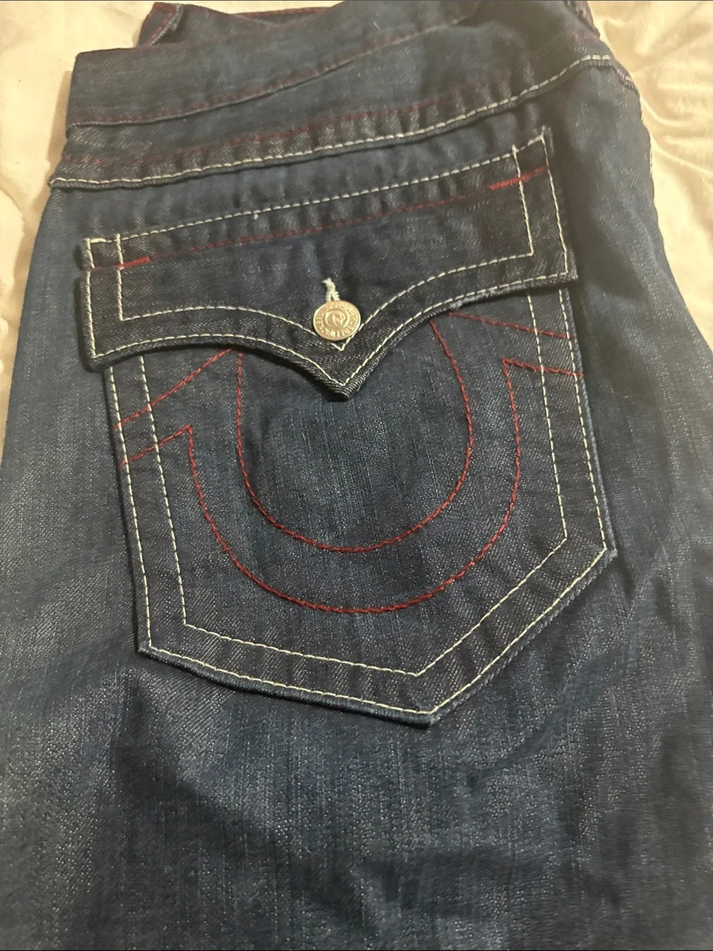 True Religion Men's Indigo Straight Jeans with Red Stitching